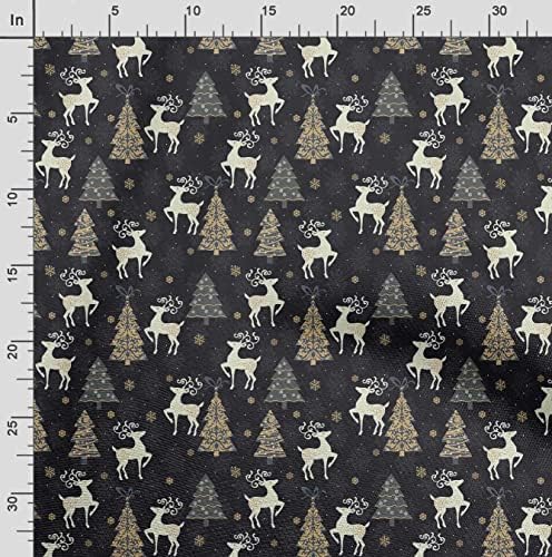 Soimoi Black Polyster Georgette Fabric Deer e Christmas Tree Print Sewing Tecido de tecido de 52 polegadas de largura