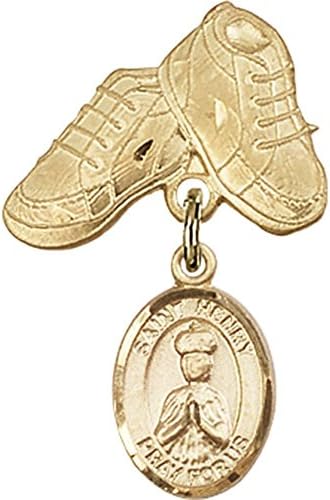 Distintivo de bebê cheio de ouro com o charme de St. Henry II e Baby Boots Pin 1 x 5/8 polegadas