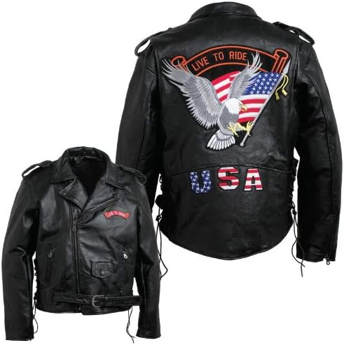 Jaqueta de couro preta do motociclista masculino LG enorme patch de águia voador vários patches