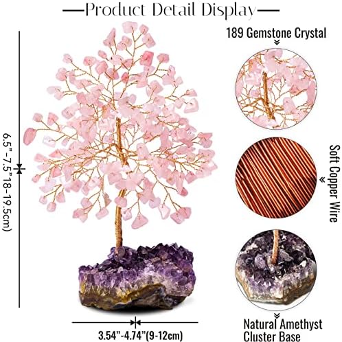 GEMBOURY MADO Handmade Natural Rose Quartz Crystal Tree 7 , Base de cluster de rocha ametista, ornamento de pedra de cristal de cristal de bombiote