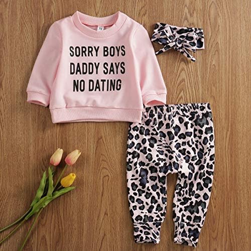 Madjtlqy recém-nascido meninas roupas de meninas papai dizendo calças de leopardo com t-shirt de topo+conjunto de