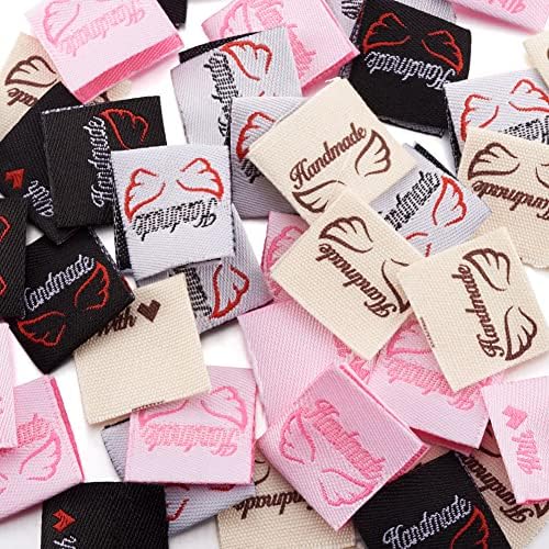 Pandahall 200pcs tecidos de pano de costura feitos feitos à mão com tecido dobrado com tecido bordado tags de etiqueta mista para roupas de costura de roupas de diy artesanato de tricô bonecas