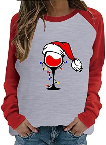 Brkewi feminina Túnica de Natal Moda 2023 Ano Novo Manga Longa Crewneck Sweatters Casual Santa Glass Graphic Sweatshirt