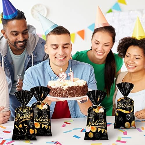 HOTOP 150 PCs Black and Gold Bags Feliz Aniversário Celophane Presente Tream Goodie Candy com laços para 90 80th 70th 60th 50th 40th 30th Party Decor, 27,5 x 12,5 cm