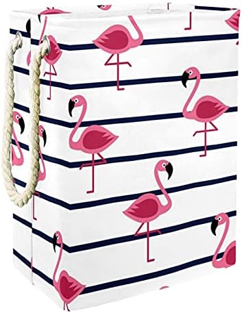 Tropical Flamingos Marine Stripes Grande cesto de roupas com alça de transporte fácil, cesto de lavanderia