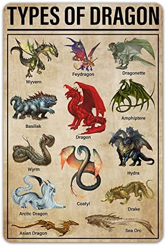MaizEco Tipos of Dragon Knowledge Poster Decoração de metal vintage, fãs de dragão presentes, decoração de