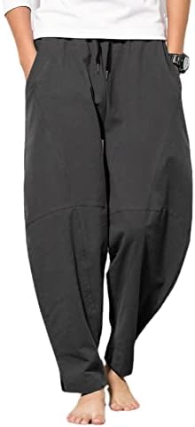 Calças de linho de algodão masculinas de Wzikai, cintura elástica de calça de praia de verão solta para homens