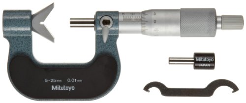 Mitutoyo 114-137 Micômetro V-Anvil para 5 flautas Cabeça de corte, parada de catraca, alcance de 2,3-25 mm,