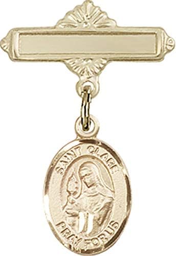 Rosgo do bebê de obsessão por jóias com St. Clare de Assis Charm e Pin Pinish Pin | Distintivo para bebês cheio
