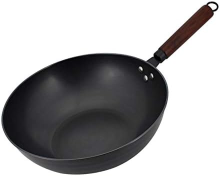Yxbdn não revestido com punho único wok ovos frigidando com alça de madeira WOK de ferro fino com óleo de condução