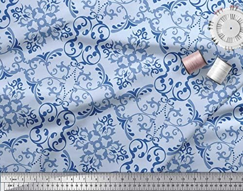 Soimoi Blue Cotton Voile Fabric Vector Design Damask Print Fabric por metro de 58 polegadas de largura