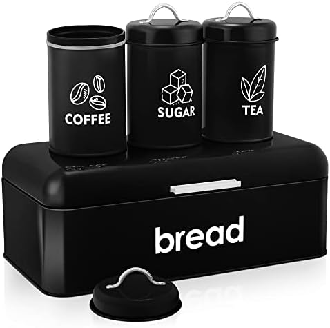 Caixa de pão preto para balcão de cozinha, recipiente de armazenamento de pão de metal grande e e-bar com 3 vasilhas de açúcar de chá de café correspondentes, lixeira de pão vintage para pães, bolos, muffins, alimentos secos