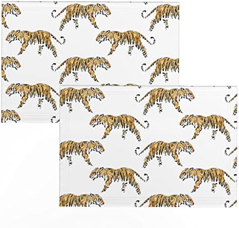 Linen Cotton Canvas Placemats - Tigre minimalista desenhado listra branca zoológico laranja animal estampes