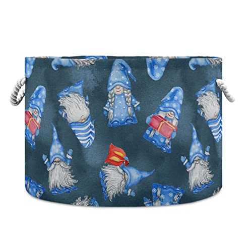 Kigai Christmas Blue Gnomos Caixas de presente grandes cestas de armazenamento redondo com alça, cestas de lavanderia decorativa dobrável para cobertor, corda de algodão Tootes Towels Towels Burseiro Lixeira, 20 x 14
