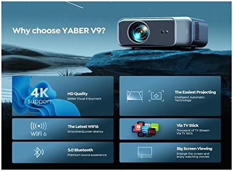 YBOS V9 WiFi Bluetooth Video Projector 500 com WiFi 6 e foco automático/nativo 1080p & 4k suportado