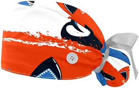 2 peças Blue Orange Shark Padrão do mar Chapéus de trabalho com botões Cap bouffant elástico com banda
