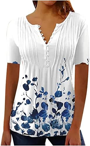 lcepcy feminino elegante camiseta v Botão de pescoço camisetas ruched Blush de manga curta de manga curta 2023 Tops
