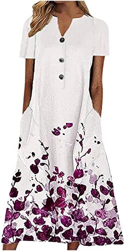 Vestidos de verão para mulheres, vestido feminino botão de bolso floral de manga curta V vestido casual