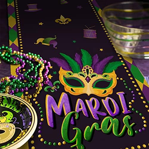 Seliem Mardi Gras Mask Runner de mesa verde roxa, Decoração de cozinha de confetes de Carnival New Orleans, Festival