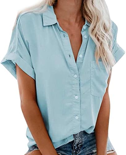 Camisas de manga curta das mulheres V Botão de colarinho de pescoço camisa de cor de bolsa de bolso solto