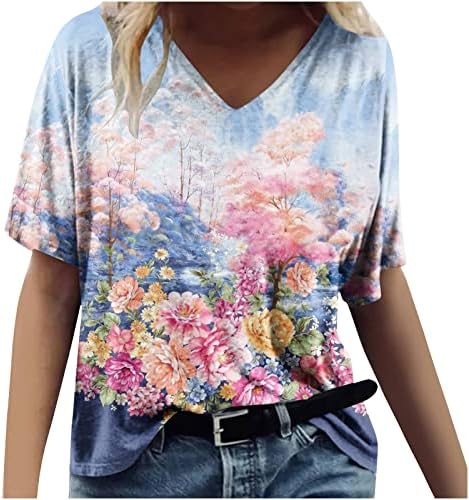Ladies Blusa gráfica floral Boat de manga curta v algodão Happy Gift Blouse Blouse Tshirt Para meninas adolescentes EC