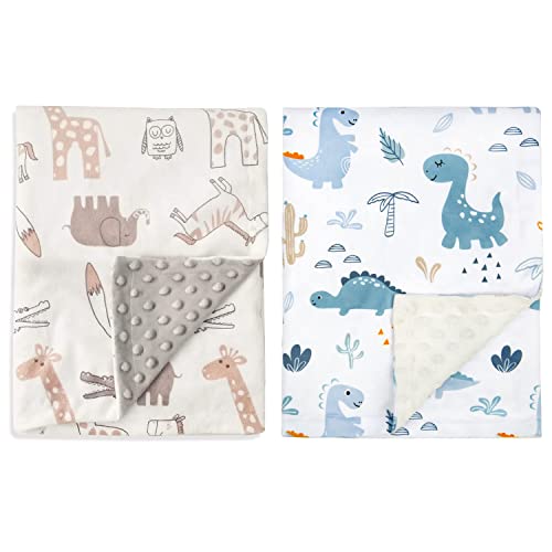 Cobertor de bebê de Boritar para meninos Minky macio com apoio pontilhado de dupla camada, animais fofos e dinossauros impressos