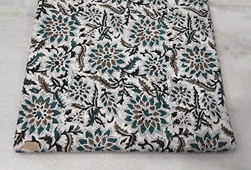 Tecido de impressão em bloco cinza verde branco, tecido de impressão floral, com tecido de quintal, tecido de vestido, impressão de bloco Jaipur, tecido de cortina