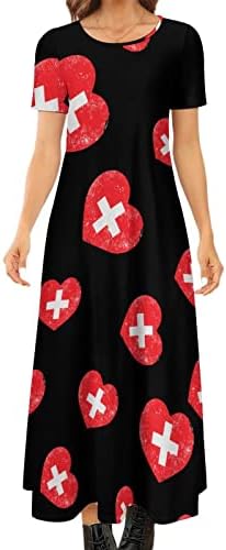 Vestido de manga curta redonda do coração de Switerland Heart Moman vestidos maxi vestidos longos casuais