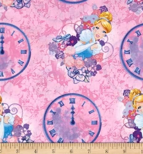 1/2 jardas - Princesa Disney Cinderela e relógios em tecido de algodão rosa - oficialmente licenciado