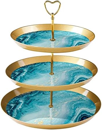 Stand de bolo de 3 camadas, redemoinhos abstratos de marmore de mármore Blue Gold Pattern Display Tower, suporte