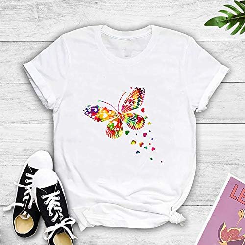Camisetas de verão feminino tampos de borboleta colorida tampas de manga curta Blusa casual de manga curta camisetas leves e confortáveis