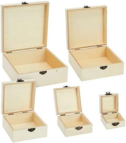 Juvale 5 peças Conjunto de caixas de madeira naturais inacabadas para artesanato com tampa de articulação