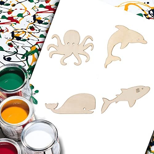 24pcs Sea Animal Wooden Craft Decorações para etiquetas de presente DIY, crianças para colorir à mão, festa