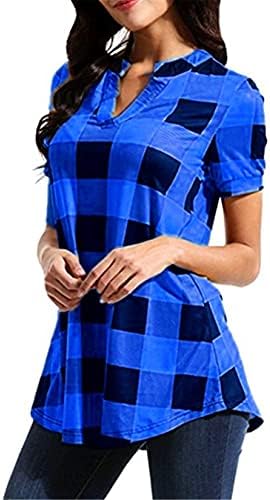 Andongnywell xadrez xadrez para mulheres com-decote em vasia casual tampos casuais de manga longa tampas de manga longa t camisetas