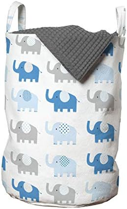 Bolsa de lavanderia de animais de Ambesonne, vários motivos de elefantes listrados de várias repetições, cesto de cesto com alças fechamento de cordão para lavanderias, 13 x 19, branco pálido pálido azul marinho