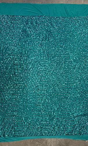 Thea Teal Geométrico Lantejous Diamante e Stripes em Fabric Poly Spandex By the Yard - 10026