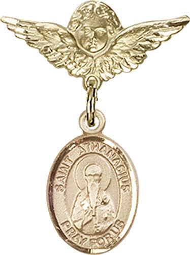 Rosgo do bebê de obsessão por jóias com o charme de São Atanásio e Angel With Wings Badge Pin | Distintivo para bebês cheio de ouro com o charme de St. Atanásio e anjo com Wings Badge Pin - feito nos EUA