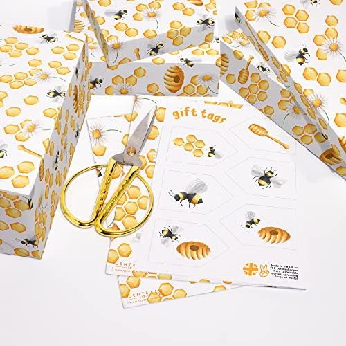 Papel de embrulho de crianças de 23 crianças - papel de embrulho de abelha - 6 folhas de embrulho e etiquetas