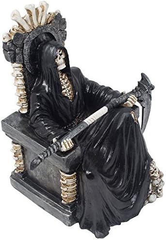 Evil Grim Reaper na estátua do trono ósseo com sotaques de Scythe e Skull para decorações assustadoras de Halloween ou esculturas e figuras de decoração gótica assustadora como presentes de fantasia para caverna