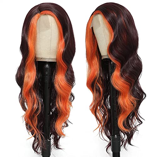 Kamimasu Long Curly Black Wig Misto de peruca laranja destaque