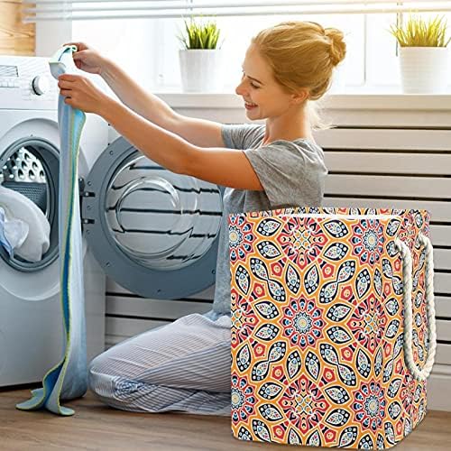 Mandala colorida, sem costura, grande cesto de roupa com alça de transporte fácil, cesta de lavanderia dobrável
