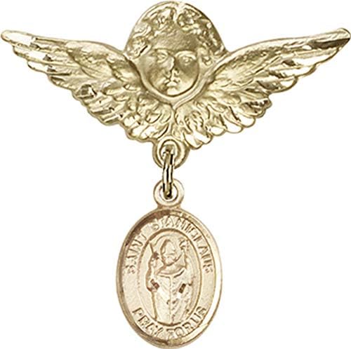 Rosgo do bebê de obsessão por jóias com o charme de St. Stanislaus e anjo com Wings Badge Pin | Distintivo de bebê cheio de ouro com St. Stanislaus Charm and Angel With Wings Badge Pin - Made nos EUA