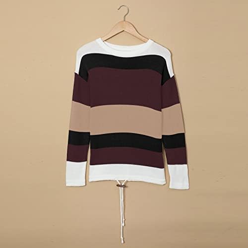 RMXEI Moda feminina Bloqueio de cores médias de pescoço redondo solto longo suéter inferior