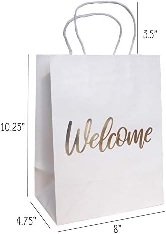 Bolsas de boas -vindas de casamento - 24 peças elegantes sacolas de presente de casamento com palavra '' bem -vindo '' em relevo em cartas de folha de ouro - 4,75 x 8 x 10,25 polegadas - branco