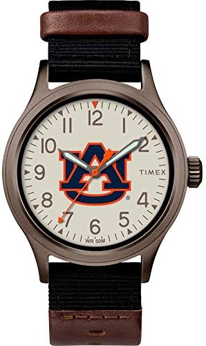 Timex Men's Collegiate Clutch 40mm Relógio - Alabama Crimson Tide com tecido preto e cinta de couro marrom