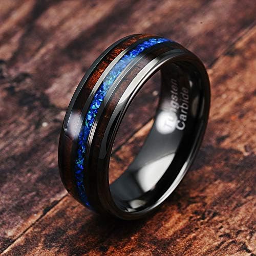 100s jóias gunmetal tungstênio anel para homens koa madeira fina linha azul pacific safira opala incrustada banda de casamento promessa tamanho 6-16