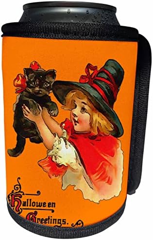 Garota 3drose com saudações de Halloween de gato preto na laranja - lata mais fria