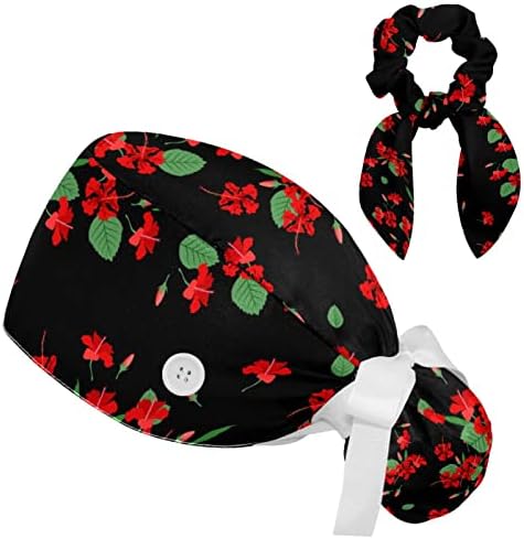 Chapéu de tampa de limpeza ajustável em flor floral preta tropical com botão, fita de suor de chapéu que trabalha