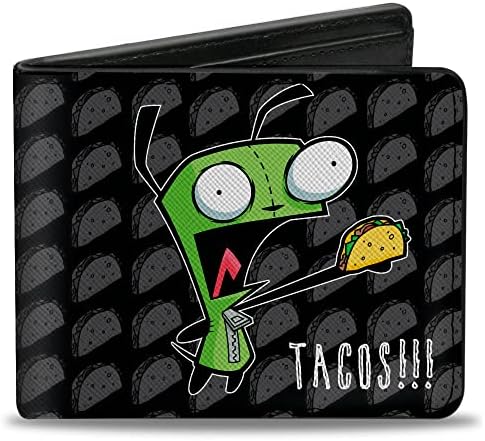 Carteira de Nickelodeon da fivela, Bifold, Invader Zim Gir Tacos Pose Taco Monogram Black Grey, couro vegano