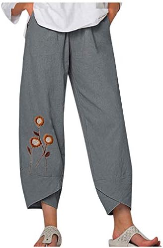 Calça cortada de Kcjgikpok, calças de linho de cintura alta de perna larga de perna larga com calças de